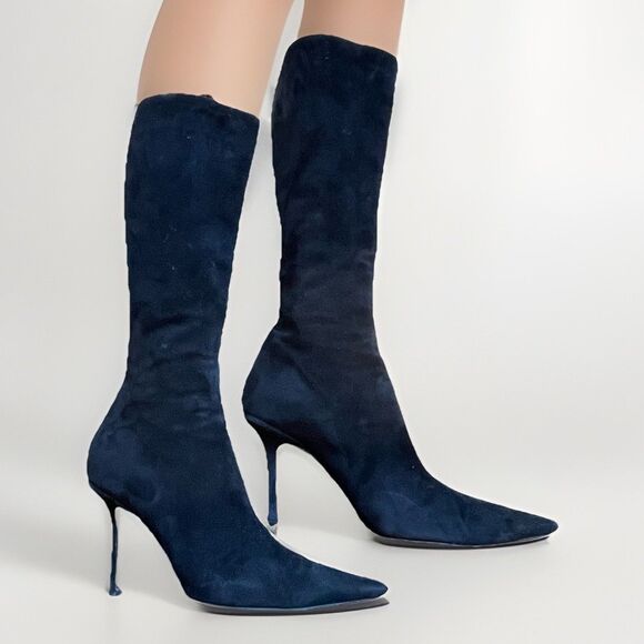 Jimmy Choo Black Suede Pointed Toe Stiletto Heel Knee High Boots 37.5 Italy Fair - Picture 1 of 16